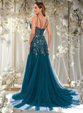 Allison Trumpet/Mermaid V-Neck Sweep Train Tulle Prom Dresses With Sequins Appliques Lace STAP0025853