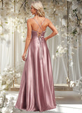 Daniella A-line V-Neck Floor-Length Stretch Satin Bridesmaid Dress STAP0025822