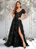 Shayla A-line V-Neck Sweep Train Floral Lace Prom Dresses With Sequins STAP0025869