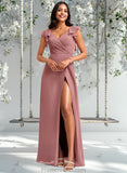 Joyce A-line V-Neck Floor-Length Chiffon Bridesmaid Dress With Ruffle STAP0025751