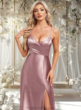 Daniella A-line V-Neck Floor-Length Stretch Satin Bridesmaid Dress STAP0025822