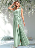 Rachael A-line V-Neck Floor-Length Stretch Satin Bridesmaid Dress With Bow STAP0025737