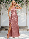 Salma A-line One Shoulder Floor-Length Stretch Satin Bridesmaid Dress With Ruffle STAP0025768