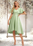 Cecilia A-line V-Neck Asymmetrical Satin Bridesmaid Dress With Ruffle STAP0025776