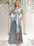 Logan A-line V-Neck Floor-Length Stretch Satin Bridesmaid Dress With Ruffle STAP0025767