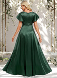 Sadie A-line V-Neck Floor-Length Stretch Satin Bridesmaid Dress With Ruffle STAP0025773