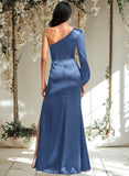 Janelle A-line One Shoulder Floor-Length Stretch Satin Bridesmaid Dress With Bow STAP0025730