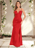 Ariel Trumpet/Mermaid V-Neck Floor-Length Satin Prom Dresses STAP0025862