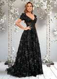 Shayla A-line V-Neck Sweep Train Floral Lace Prom Dresses With Sequins STAP0025869