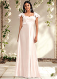 Aleena A-line V-Neck Floor-Length Stretch Satin Bridesmaid Dress With Bow STAP0025759