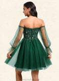 Ryann A-line Off the Shoulder Short Tulle Homecoming Dress With Sequins Appliques Lace STAP0025663