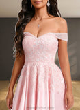 Emery A-line Off the Shoulder Short Satin Homecoming Dress With Rhinestone Beading Appliques Lace STAP0025679