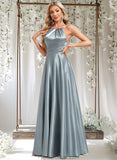 London A-line Halter Floor-Length Stretch Satin Bridesmaid Dress STAP0025783