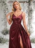 Sasha A-line V-Neck Floor-Length Stretch Satin Bridesmaid Dress With Ruffle STAP0025785