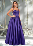 Kira Ball-Gown/Princess Scoop Floor-Length Satin Prom Dresses With Appliques Lace Beading STAP0025865