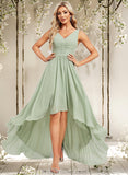 Destiney A-line V-Neck Asymmetrical Chiffon Bridesmaid Dress STAP0025809