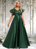 Kitty A-line V-Neck Floor-Length Satin Bridesmaid Dress With Ruffle STAP0025777