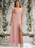 Marcie A-line One Shoulder Floor-Length Chiffon Bridesmaid Dress With Bow STAP0025748