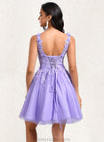 Janiah Ball-Gown/Princess V-Neck Short Lace Tulle Homecoming Dress With Flower STAP0025656