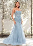 Genesis Trumpet/Mermaid Straight Sweep Train Tulle Prom Dresses With Flower STAP0025866