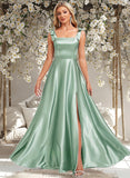 Kaylie A-line Square Floor-Length Stretch Satin Bridesmaid Dress With Bow STAP0025788