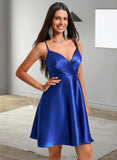 Edith A-line V-Neck Short Stretch Satin Homecoming Dress With Pleated STAP0025705