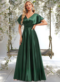 Karly A-line V-Neck Floor-Length Stretch Satin Bridesmaid Dress STAP0025782