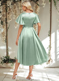 Amya A-line V-Neck Asymmetrical Stretch Satin Bridesmaid Dress With Ruffle STAP0025772