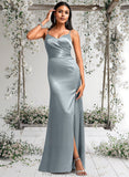 Danielle A-line V-Neck Floor-Length Stretch Satin Bridesmaid Dress STAP0025728