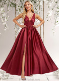 Norma A-line V-Neck Floor-Length Satin Bridesmaid Dress STAP0025775