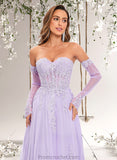 Rosa A-line Sweetheart Sweep Train Tulle Prom Dresses With Sequins Appliques Lace STAP0025856