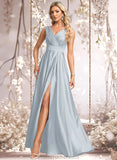 Michaelia A-line V-Neck Floor-Length Satin Prom Dresses STAP0025877