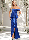 Roberta Trumpet/Mermaid Off the Shoulder Floor-Length Stretch Satin Bridesmaid Dress With Ruffle STAP0025800