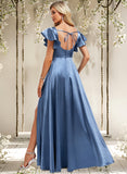 Adeline A-line Square Floor-Length Stretch Satin Bridesmaid Dress With Ruffle STAP0025769