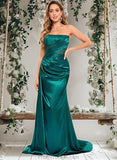 Aliyah Trumpet/Mermaid Straight Sweep Train Stretch Satin Prom Dresses With Pleated STAP0025849