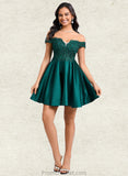 Mckenzie A-line Off the Shoulder Short Lace Satin Homecoming Dress With Rhinestone STAP0025718