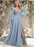 Georgia A-line V-Neck Floor-Length Chiffon Bridesmaid Dress STAP0025798