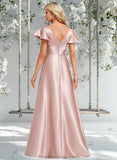 Angelica A-line V-Neck Floor-Length Stretch Satin Bridesmaid Dress With Ruffle STAP0025787