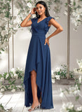 Jillian A-line V-Neck Asymmetrical Chiffon Bridesmaid Dress With Ruffle STAP0025733