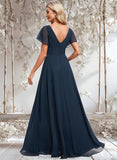 Madelynn A-line V-Neck Floor-Length Chiffon Bridesmaid Dress STAP0025806