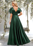 Karly A-line V-Neck Floor-Length Stretch Satin Bridesmaid Dress STAP0025782