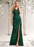 Jacey A-line V-Neck Floor-Length Stretch Satin Bridesmaid Dress STAP0025746