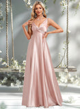 Abbie A-line V-Neck Floor-Length Stretch Satin Bridesmaid Dress STAP0025779