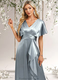 Logan A-line V-Neck Floor-Length Stretch Satin Bridesmaid Dress With Ruffle STAP0025767