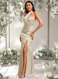 Marissa A-line Halter Floor-Length Stretch Satin Bridesmaid Dress STAP0025761