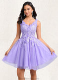 Janiah Ball-Gown/Princess V-Neck Short Lace Tulle Homecoming Dress With Flower STAP0025656