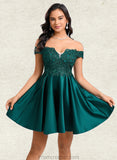 Mckenzie A-line Off the Shoulder Short Lace Satin Homecoming Dress With Rhinestone STAP0025718