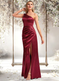 Breanna A-line One Shoulder Floor-Length Stretch Satin Bridesmaid Dress With Bow STAP0025758