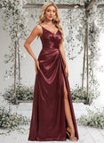 Sasha A-line V-Neck Floor-Length Stretch Satin Bridesmaid Dress With Ruffle STAP0025785