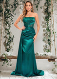 Aliyah Trumpet/Mermaid Straight Sweep Train Stretch Satin Prom Dresses With Pleated STAP0025849